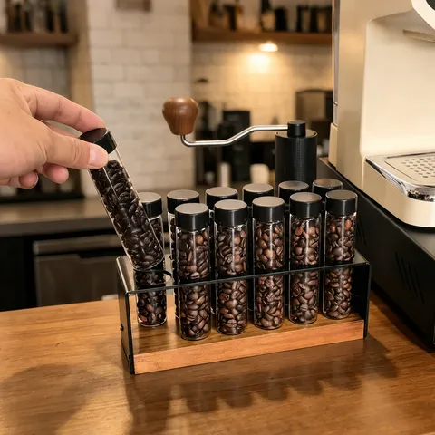 Walnut Wood Coffee Bean Storage Tube Sealed Rack High Borosilicate Glass Acrylic Italian Style Coffee Bean Display Stand