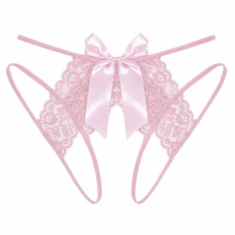 Women's Sexy Lace Open Crotch Thong Bowknot Low Waist Panties Breathable Soft Underwear Lingerie Apparel