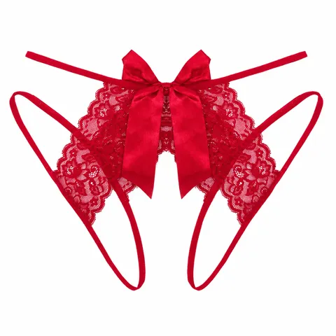 Women's Sexy Lace Open Crotch Thong Bowknot Low Waist Panties Breathable Soft Underwear Lingerie Apparel