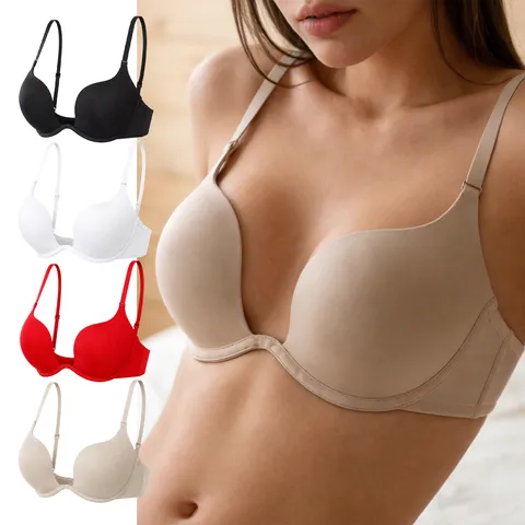 Women Deep V Push Up Seamless Bra Solid Color Adjustable Strap Sexy Lingerie Wirefree Comfort Underwear