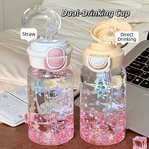 2025 Nuevo Vaso de Plástico con Pajita Estilo Ins Portátil de Gran Capacidad Tapa de Doble Bebida Patrón de Estrellas para Niñas
