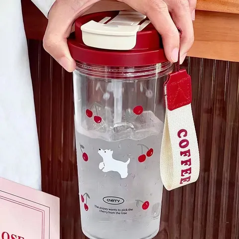 Portable Plastic Water Cup With Cute Cartoon Puppy And Floral Pattern Designed With A Double Drink Straw Lid And Lanyard For Daily Use