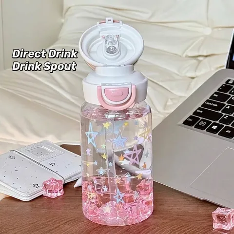 2025 Nuevo Vaso de Plástico con Pajita Estilo Ins Portátil de Gran Capacidad Tapa de Doble Bebida Patrón de Estrellas para Niñas