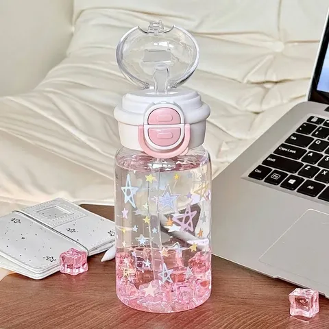 Sommer Stroh Wasserflasche Für Mädchen Sternenmuster Plastikbecher Hohe Kapazität Tragbare Trinkbecher Doppel Trinkdeckel Ins Stil Trinkgefäße