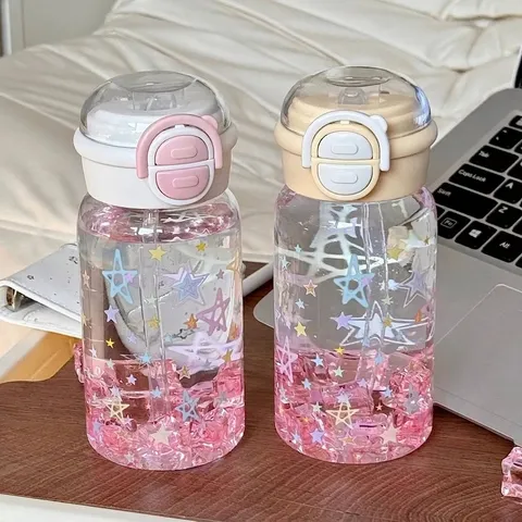 Sommer Stroh Wasserflasche Für Mädchen Sternenmuster Plastikbecher Hohe Kapazität Tragbare Trinkbecher Doppel Trinkdeckel Ins Stil Trinkgefäße