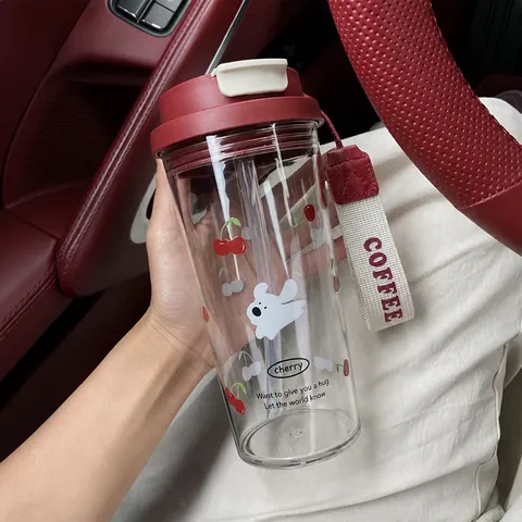 Bottiglia d'Acqua in Plastica con Motivo a Ciliegia di Cucciolo di Cartone Animato Carino Bicchiere Portatile con Cannuccia per Studenti