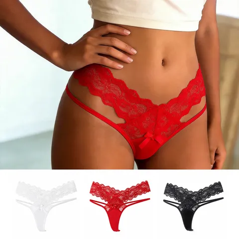 Women's Sexy Lace Thong Low Waist G-String Breathable Bow Detail Panties Comfortable Solid Color Intimates Underwear