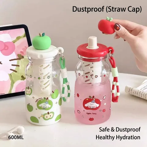 Niedliche Cartoon Apfel Kunststoff Wasserflasche Mit Strohhalm Tee-Infuser Lanyard Tragbare Klare Trinkflasche Für Studenten Mädchen