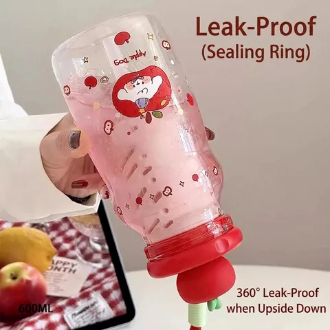 Niedliche Cartoon Apfel Kunststoff Wasserflasche Mit Strohhalm Tee-Infuser Lanyard Tragbare Klare Trinkflasche Für Studenten Mädchen