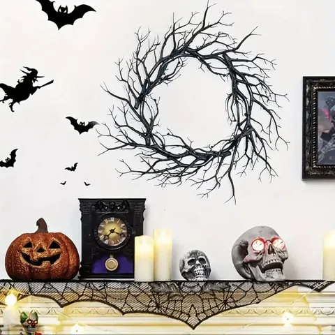 Black Simulation Dead Branch Wreath For Halloween Indoor Wall Hanging Gothic Creepy Twig Garland Ornament For Haunted House Party Decor