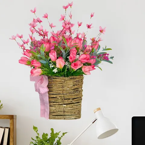 Artificial Tulip Flower Basket Hanging Decoration Pink Plastic Flowers Woven Wreath For Door Farmhouse Spring Summer Home Decor