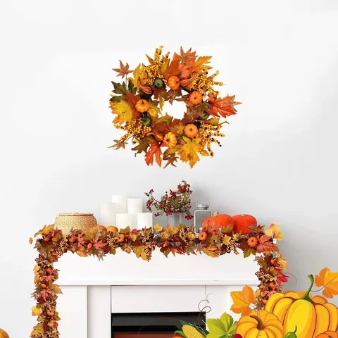 Artificial Fall Wreath Thanksgiving Garland Maple Leaves Pumpkin Berries Autumn Harvest Festival Front Door Fireplace Decoration Home Wall Ornament