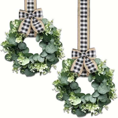 Artificial Eucalyptus Wreath With Black And White Plaid Bow Plastic Greenery Garland For Front Door Wall Home Decoration
