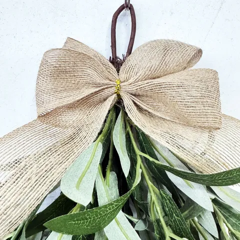 Handmade Artificial Olive Teardrop Wreath With Burlap Bow Greenery Leaf Swag For Front Door Wall Wedding Farmhouse Home Decor