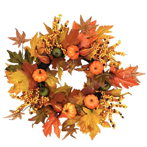 Artificial Fall Wreath Thanksgiving Garland Maple Leaves Pumpkin Berries Autumn Harvest Festival Front Door Fireplace Decoration Home Wall Ornament