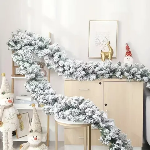 Artificial Christmas Flocked Garland Snowy White Fluffy Pine Needle Vine Fireproof Greenery For Fireplace Stairs Hotel Home Decor