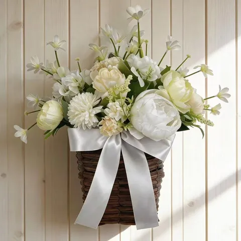 Artificial Peony Narcissus Flower Basket Wreath Front Door Hanging Decoration Spring Summer Floral Vine Basket Decor Bow