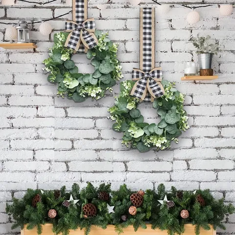 Artificial Eucalyptus Wreath With Black And White Plaid Bow Plastic Greenery Garland For Front Door Wall Home Decoration