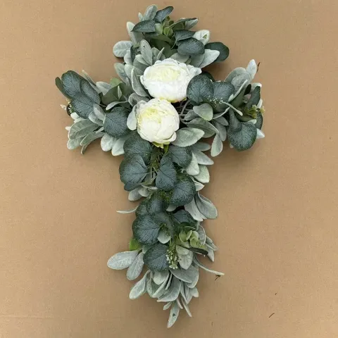 Artificial Eucalyptus Cross Wreath White Peony Simulation Garland Wall Hanging Decor Wedding Memorial Front Door Home Decor