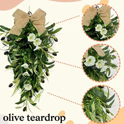 Artificial Olive Leaf Teardrop Wreath With Morning Glory And Burlap Bow For Spring Summer Door Wall Hanging Home Decor