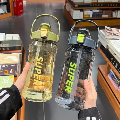 Large Capacity Sports Water Bottle With Straw And Time Marker Leakproof Portable Plastic Cup For Outdoor Fitness Gym