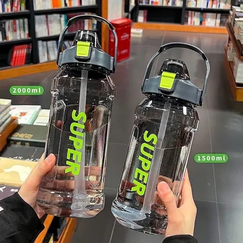 Large Capacity Sports Water Bottle With Straw And Time Marker Leakproof Portable Plastic Cup For Outdoor Fitness Gym