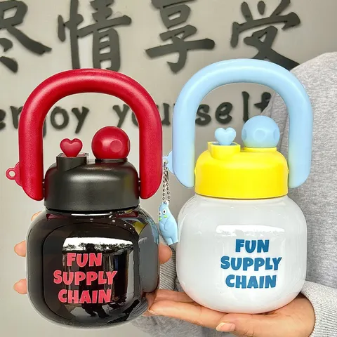 Große Kapazität Kunststoff Wasserflasche Mit Strohhalm Doppelter Drink Tragbar Süße Große Bauch Tasse Für Sport Outdoor Damen