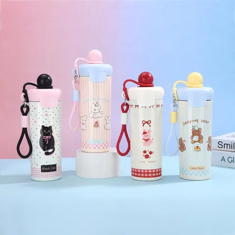 600ml Cartoon 316 Edelstahl Isolierbecher Mit Schwimmendem Kugeldeckel Schlüsselband Strohhalm Tragbare Vakuumflasche Für Kinder Schule Geschenk