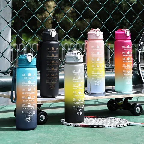 Motivational Frosted Gradient Sport Water Bottle With Time Marker Leakproof Flip Top Lid For Outdoor Gym Fitness Traveling