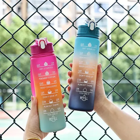 Motivational Frosted Gradient Sport Water Bottle With Time Marker Leakproof Flip Top Lid For Outdoor Gym Fitness Traveling