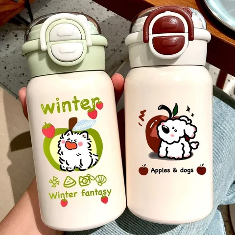 Ins Style 316 Stainless Steel Vacuum Flask Large Capacity Portable Straw Water Bottle With Cartoon Puppy Print For Women Kids