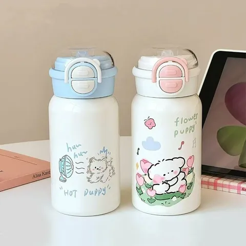 Ins Style 316 Stainless Steel Vacuum Flask Large Capacity Portable Straw Water Bottle With Cartoon Puppy Print For Women Kids