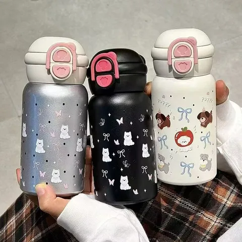 Botella de Agua con Aislamiento al Vacío de Acero Inoxidable 316L Lindo Cachorro Estampado de Dibujos Animados Vaso con Paja Termo