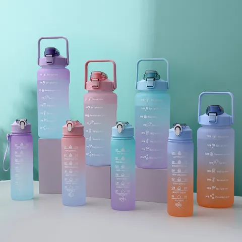 Gradient Large Capacity Plastic Water Bottle Set With Straw And Time Marker Motivational Gym Sports Drinkware