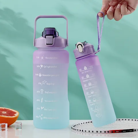 Farbverlauf Kunststoff Wasserflasche Set Große Kapazität Sport Wasserflasche Mit Zeitmarkierung Strohhalm Und Griff Für Outdoor Fitness