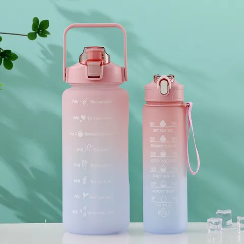 Farbverlauf Kunststoff Wasserflasche Set Große Kapazität Sport Wasserflasche Mit Zeitmarkierung Strohhalm Und Griff Für Outdoor Fitness