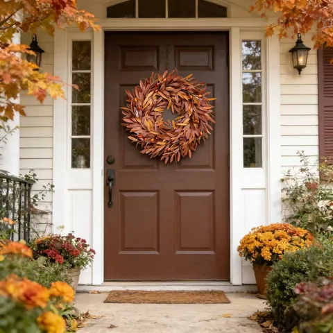 Autumn Simulation Wreath Thanksgiving Maple Leaf Berry Rattan Hoop Fall Harvest Front Door Wall Hanging Decoration Home Decor