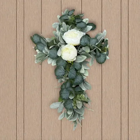 Artificial Eucalyptus Cross Wreath White Peony Simulation Garland Wall Hanging Decor Wedding Memorial Front Door Home Decor