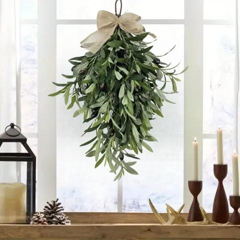Handmade Artificial Olive Teardrop Wreath With Burlap Bow Greenery Leaf Swag For Front Door Wall Wedding Farmhouse Home Decor