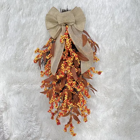 Autumn Maple Leaf Berry Teardrop Swag Wreath For Front Door Wall Hanging Fall Harvest Halloween Thanksgiving Decor With Burlap Bow