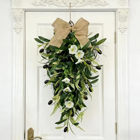 Artificial Olive Leaf Teardrop Wreath With Morning Glory And Burlap Bow For Spring Summer Door Wall Hanging Home Decor
