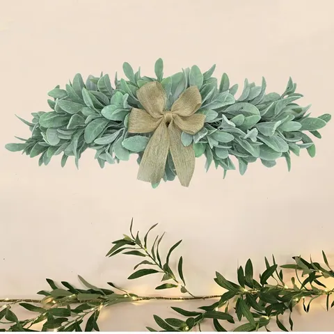 Artificial Lamb's Ear Wreath with Burlap Bow Farmhouse Style Greenery Garland for Front Door Wall Wedding Home Decor