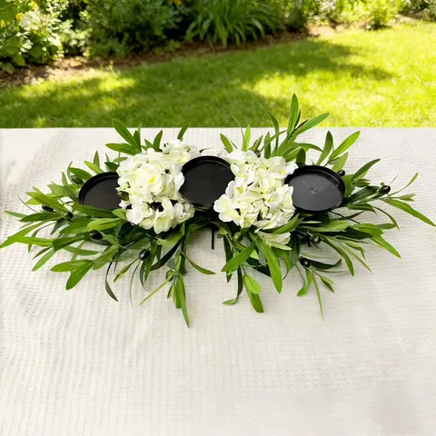 Artificial Olive Branch Hydrangea Candle Holder Centerpiece Metal 3-Head Candlestick Floral Desktop Decor For Table Wedding Home Fireplace Decoration