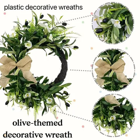 Handmade Artificial Olive Wreath For Front Door Green Leaves Black Olives White Flowers Burlap Bow Pastoral Hanging Decor