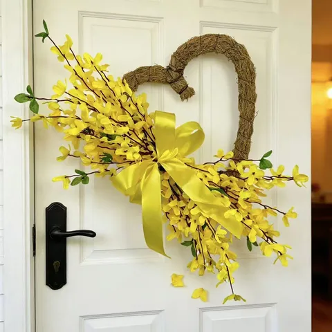 Heart Shaped Artificial Winter Jasmine Wreath Decor For Front Door Living Room Wall Hanging Floral Wreath With Bow Accent Home Decoration