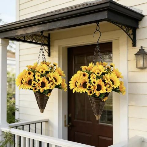 Artificial Sunflower Hanging Basket Wall Decor Silk Flowers With Plastic Woven Cone Basket Metal Chain For Home Garden Patio Decoration
