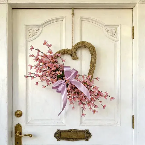 Heart Shaped Artificial Winter Jasmine Wreath Decor For Front Door Living Room Wall Hanging Floral Wreath With Bow Accent Home Decoration