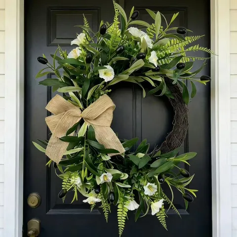 Handmade Artificial Olive Wreath For Front Door Green Leaves Black Olives White Flowers Burlap Bow Pastoral Hanging Decor