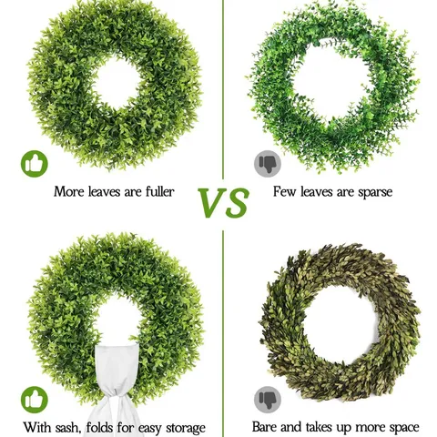 Artificial Boxwood Wreath For Front Door Greenery Leaf Wreath With Large White Sash Bow Spring Summer Window Wall Decor