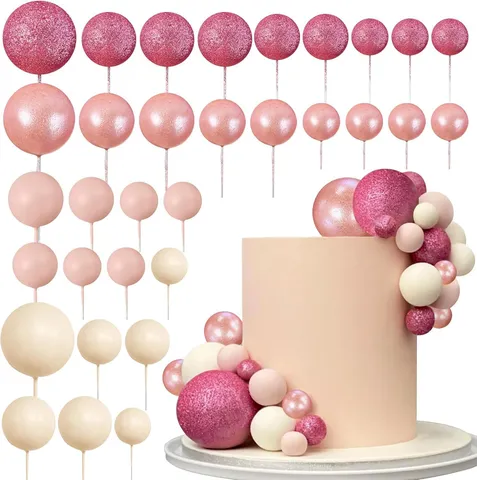 Pink Plastic Cake Topper Balls With Glitter Matte Pearlescent Finishes For Birthday Party Cupcake Decoration Elegant Style